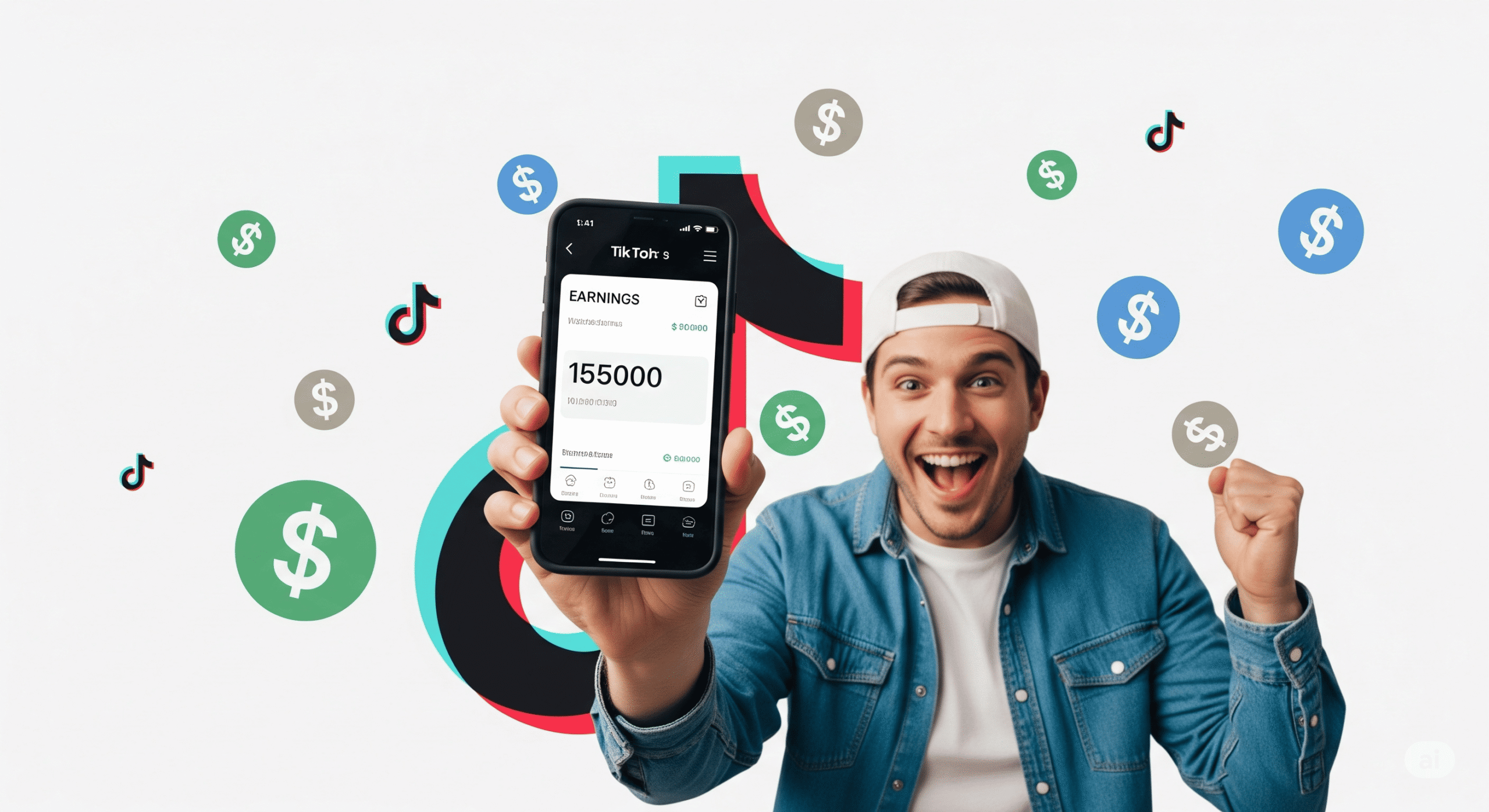 Pessoa comemorando ao visualizar ganhos financeiros no celular com ícones de dólar e logotipo do TikTok ao fundo.