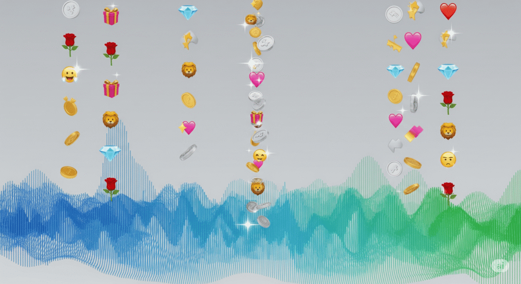 Transmissão ao vivo no TikTok com emojis de presentes virtuais e moedas digitais aparecendo na tela.