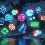 Conceito abstrato mostrando ícones visuais de profissões remotas (TI, marketing digital, design, educação online), flutuando em um fundo tecnológico.