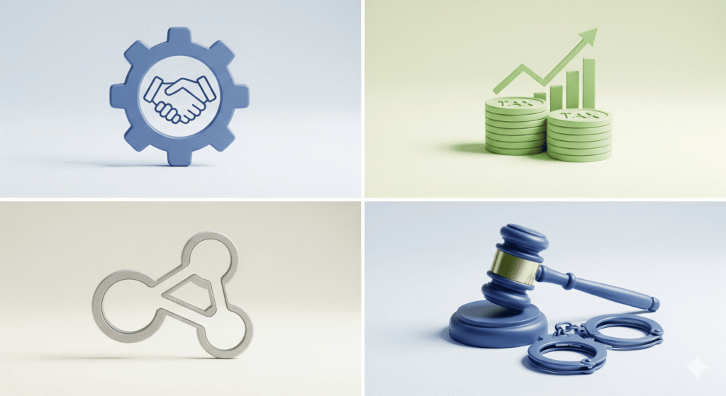 Representação visual das principais áreas do Direito, como trabalhista, tributário, empresarial e criminal.