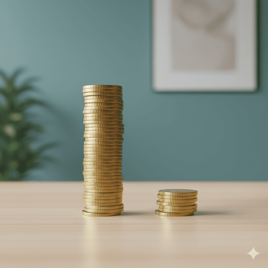 Duas pilhas de moedas, uma maior e outra menor, simbolizando diferença de rendimento entre Nubank e poupança