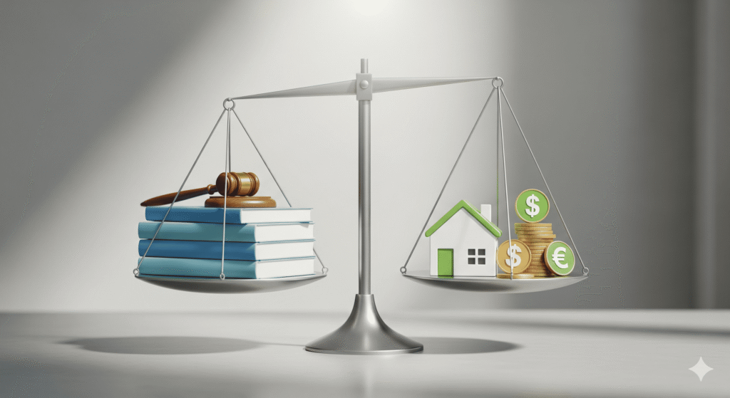 Conceito de equilíbrio financeiro para advogados, com balança ilustrando dinheiro, livros de Direito e uma casa.