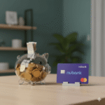 Cofrinho clássico cheio de moedas ao lado de cartão digital representando comparação entre poupança e Nubank