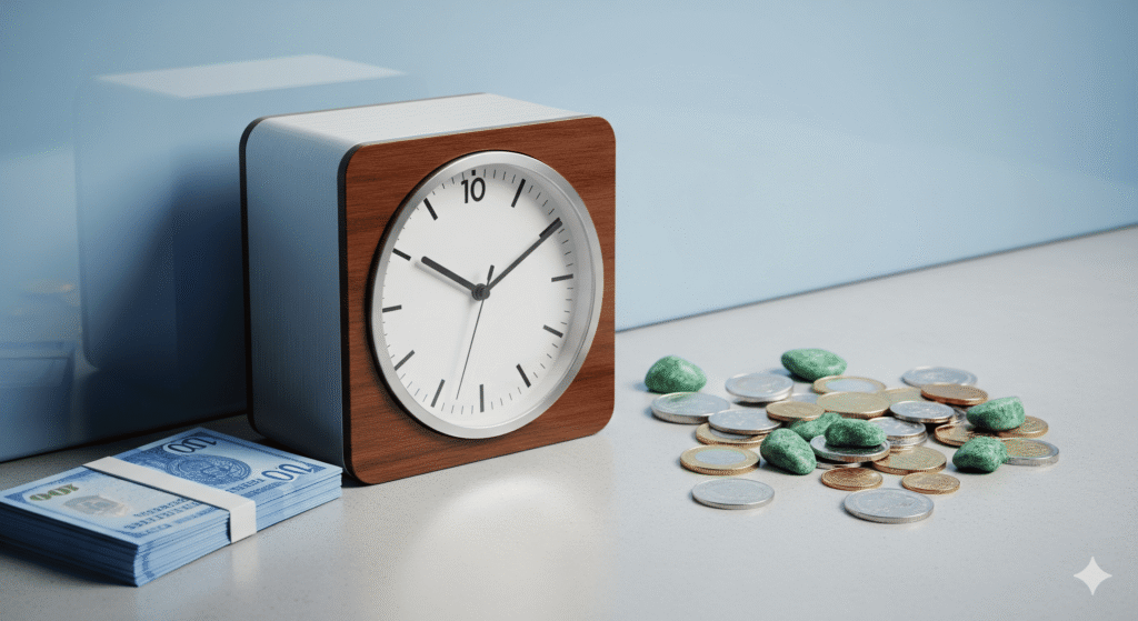 Relógio de mesa elegante ao lado de cédulas e moedas representando o tempo no rendimento do dinheiro
